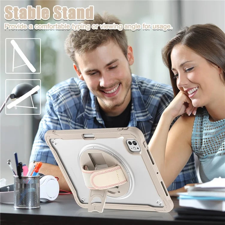 For iPad Pro 11 (2024) Case Kickstand PC+TPU+Silicone Tablet Cover with Rotary Hand Strap