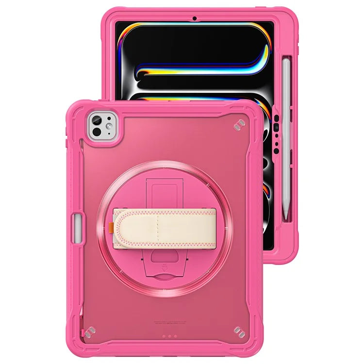 For iPad Pro 11 (2024) Case Kickstand PC+TPU+Silicone Tablet Cover with Rotary Hand Strap