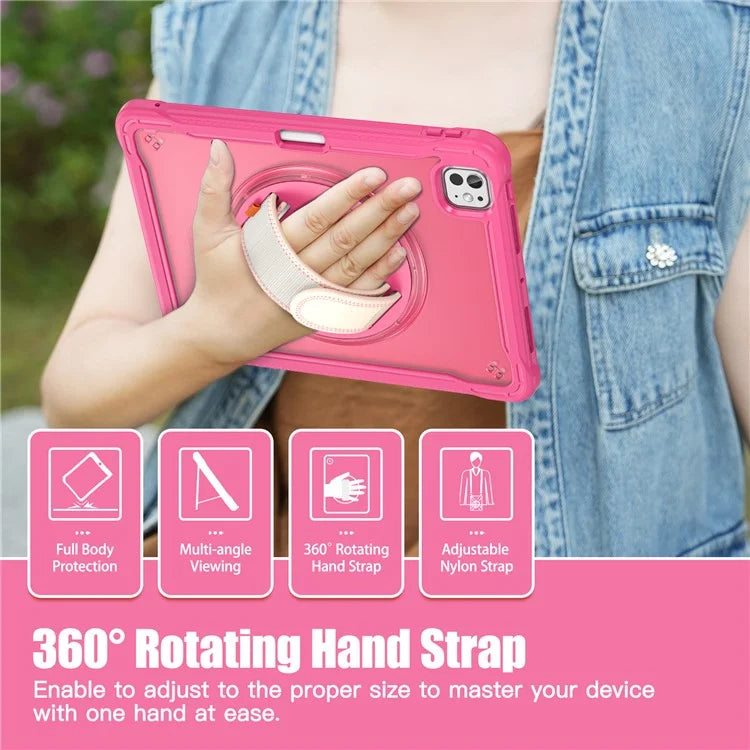 For iPad Pro 11 (2024) Case Kickstand PC+TPU+Silicone Tablet Cover with Rotary Hand Strap