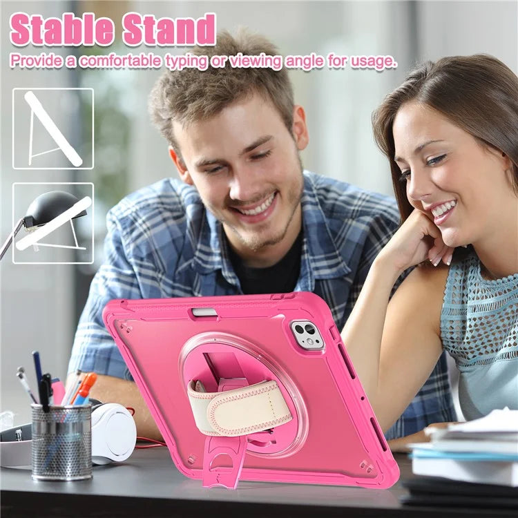 For iPad Pro 11 (2024) Case Kickstand PC+TPU+Silicone Tablet Cover with Rotary Hand Strap