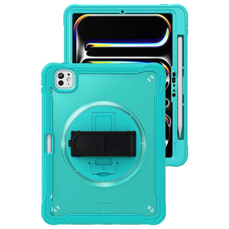 For iPad Pro 11 (2024) Case Kickstand PC+TPU+Silicone Tablet Cover with Rotary Hand Strap