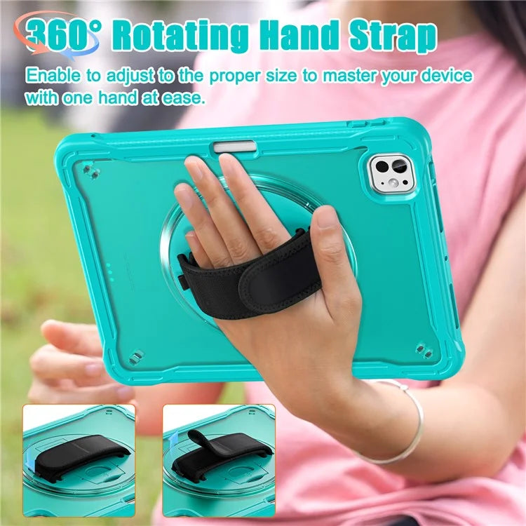 For iPad Pro 11 (2024) Case Kickstand PC+TPU+Silicone Tablet Cover with Rotary Hand Strap