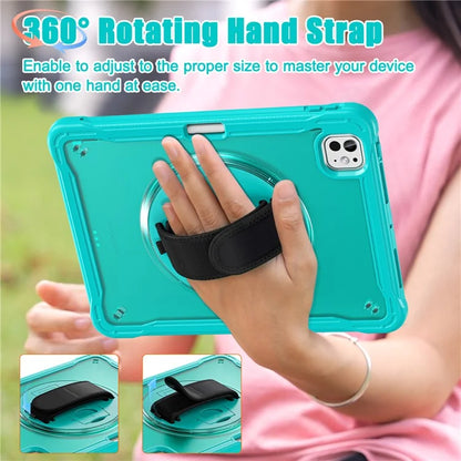 For iPad Pro 11 (2024) Case Kickstand PC+TPU+Silicone Tablet Cover with Rotary Hand Strap