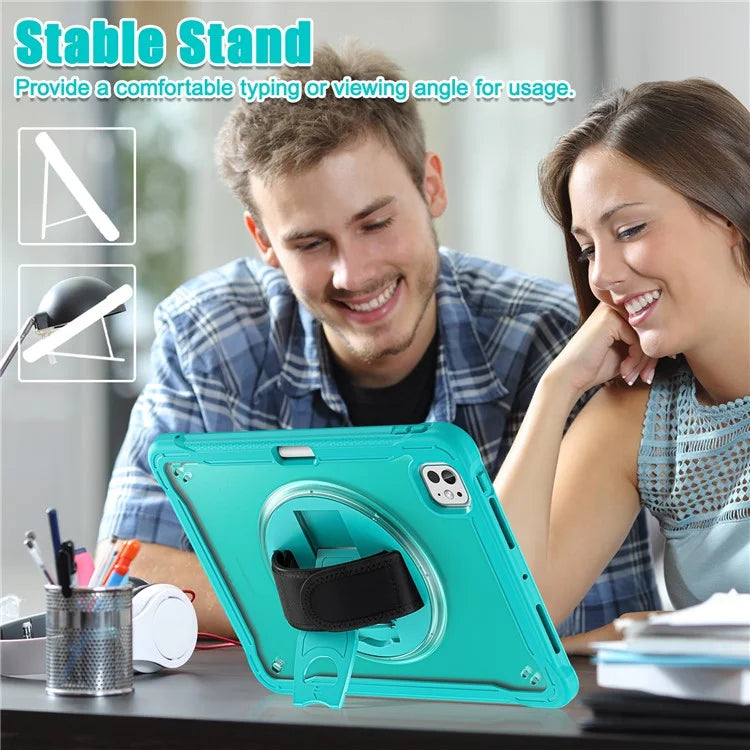 For iPad Pro 11 (2024) Case Kickstand PC+TPU+Silicone Tablet Cover with Rotary Hand Strap