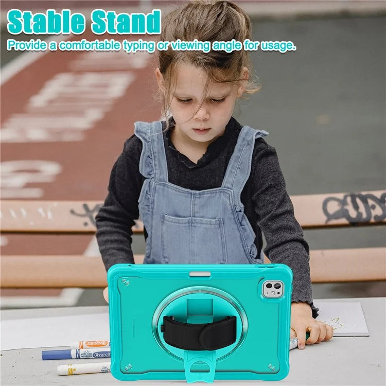 For iPad Pro 11 (2024) Case Kickstand PC+TPU+Silicone Tablet Cover with Rotary Hand Strap