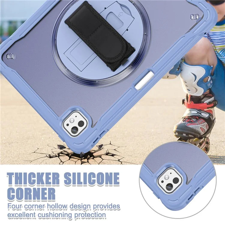 For iPad Pro 11 (2024) Case Kickstand PC+TPU+Silicone Tablet Cover with Rotary Hand Strap