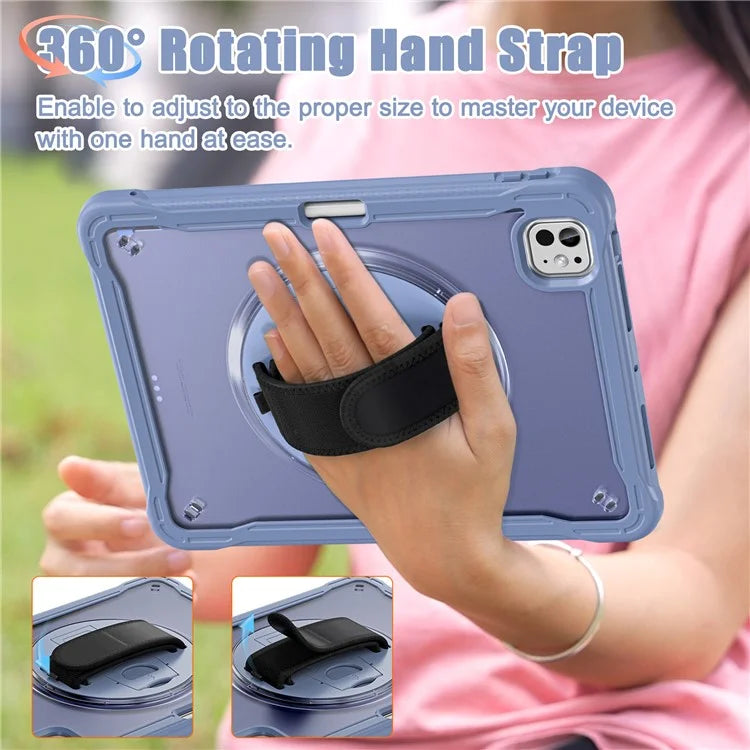 For iPad Pro 11 (2024) Case Kickstand PC+TPU+Silicone Tablet Cover with Rotary Hand Strap