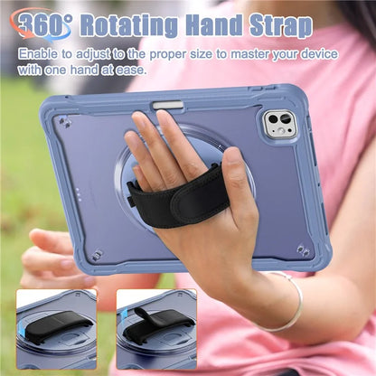 For iPad Pro 11 (2024) Case Kickstand PC+TPU+Silicone Tablet Cover with Rotary Hand Strap