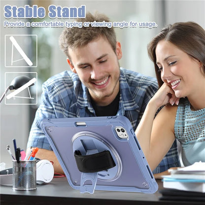 For iPad Pro 11 (2024) Case Kickstand PC+TPU+Silicone Tablet Cover with Rotary Hand Strap