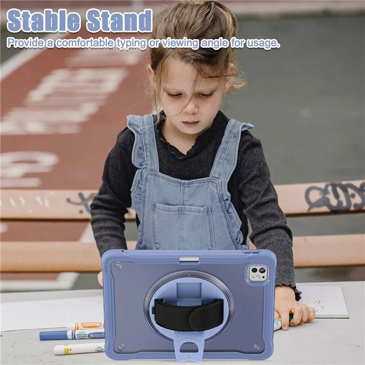 For iPad Pro 11 (2024) Case Kickstand PC+TPU+Silicone Tablet Cover with Rotary Hand Strap