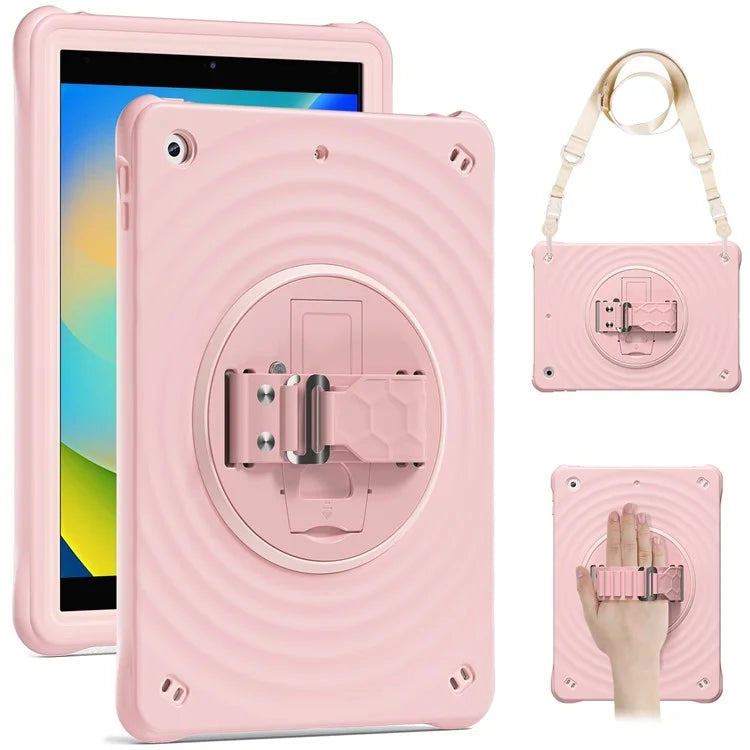 For iPad 10.2 (2021) / (2020) / (2019) Case Kickstand Silicone Hand Strap Tablet Cover with Shoulder Strap