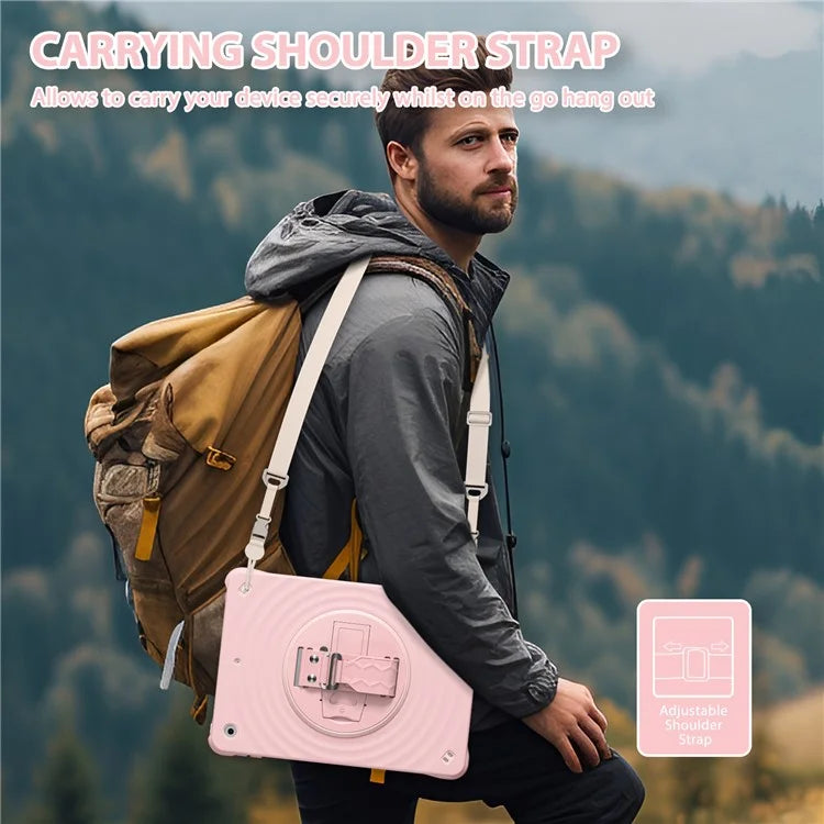For iPad 10.2 (2021) / (2020) / (2019) Case Kickstand Silicone Hand Strap Tablet Cover with Shoulder Strap