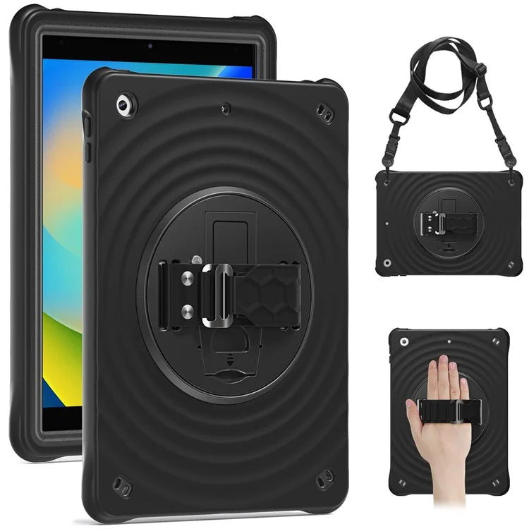 For iPad 10.2 (2021) / (2020) / (2019) Case Kickstand Silicone Hand Strap Tablet Cover with Shoulder Strap