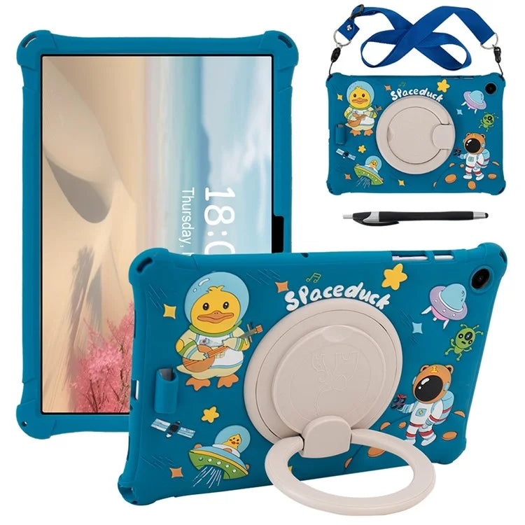 For Samsung Galaxy Tab A9+ X216 Case Rotatable Kickstand Cute Cartoon Silicone Tablet Cover with Lanyard