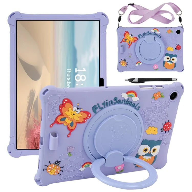 For Samsung Galaxy Tab A9+ X216 Case Rotatable Kickstand Cute Cartoon Silicone Tablet Cover with Lanyard