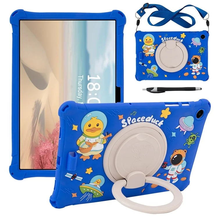 For Samsung Galaxy Tab A9+ X216 Case Rotatable Kickstand Cute Cartoon Silicone Tablet Cover with Lanyard