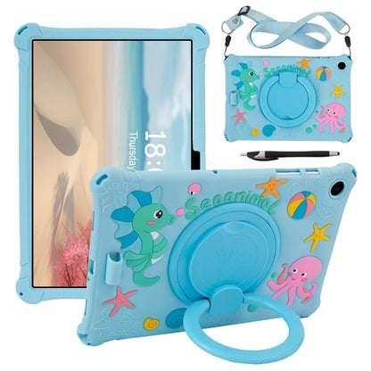 For Samsung Galaxy Tab A9+ X216 Case Rotatable Kickstand Cute Cartoon Silicone Tablet Cover with Lanyard