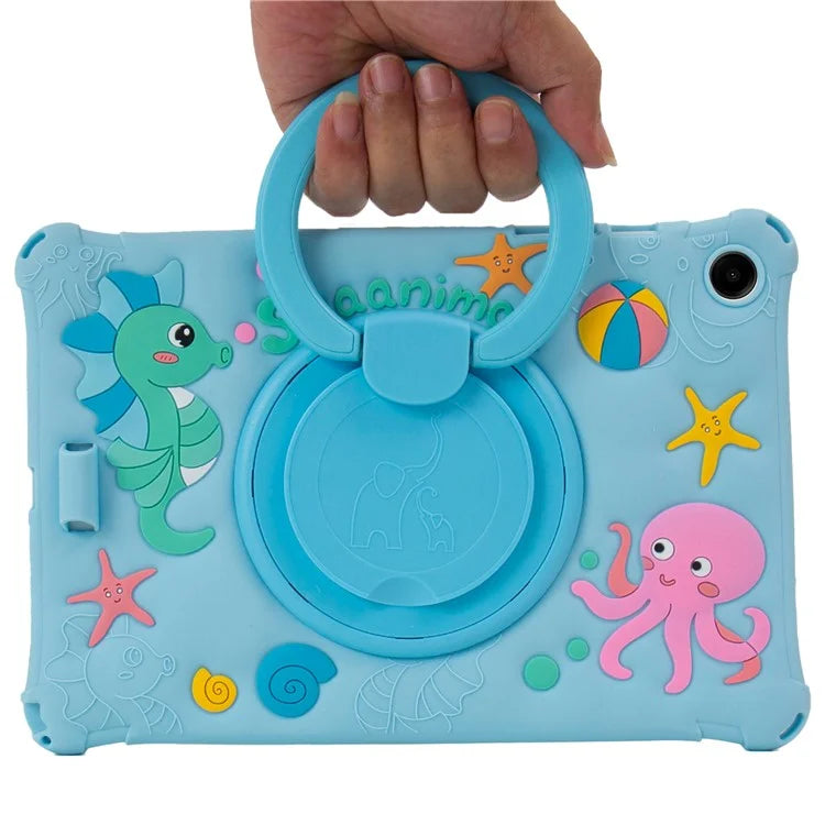 For Samsung Galaxy Tab A9+ X216 Case Rotatable Kickstand Cute Cartoon Silicone Tablet Cover with Lanyard