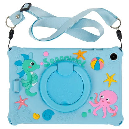 For Samsung Galaxy Tab A9+ X216 Case Rotatable Kickstand Cute Cartoon Silicone Tablet Cover with Lanyard