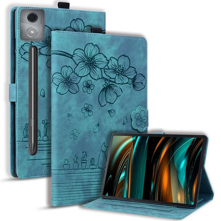 For Lenovo Xiaoxin Pad Pro 12.7 inch Case Card Slots Leather Tablet Stand Folio Cover Flower Cat