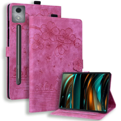 For Lenovo Xiaoxin Pad Pro 12.7 inch Case Card Slots Leather Tablet Stand Folio Cover Flower Cat