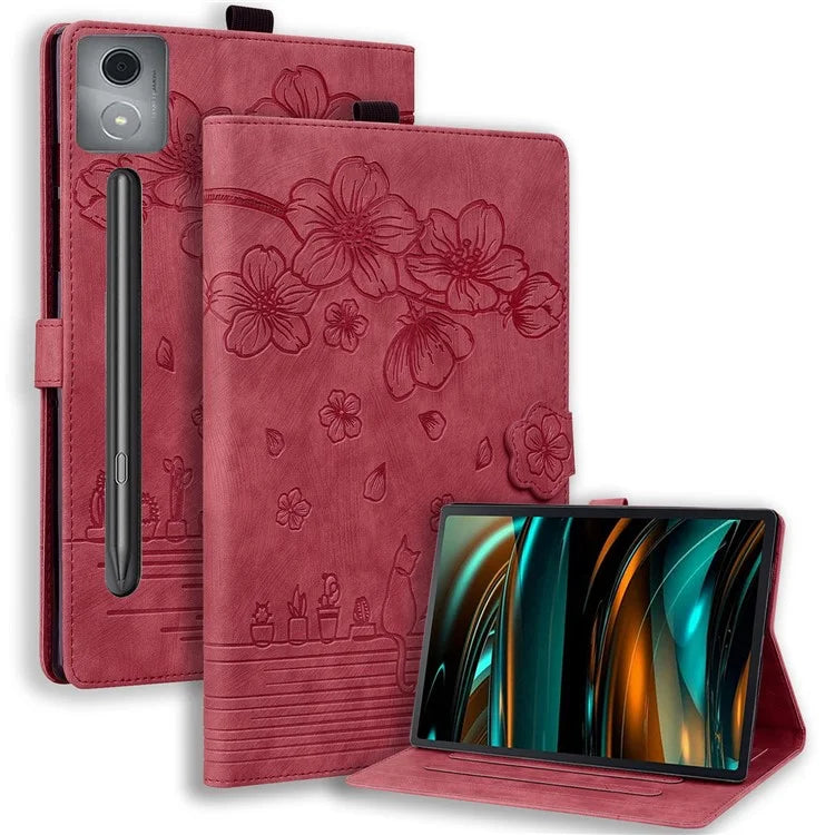 For Lenovo Xiaoxin Pad Pro 12.7 inch Case Card Slots Leather Tablet Stand Folio Cover Flower Cat