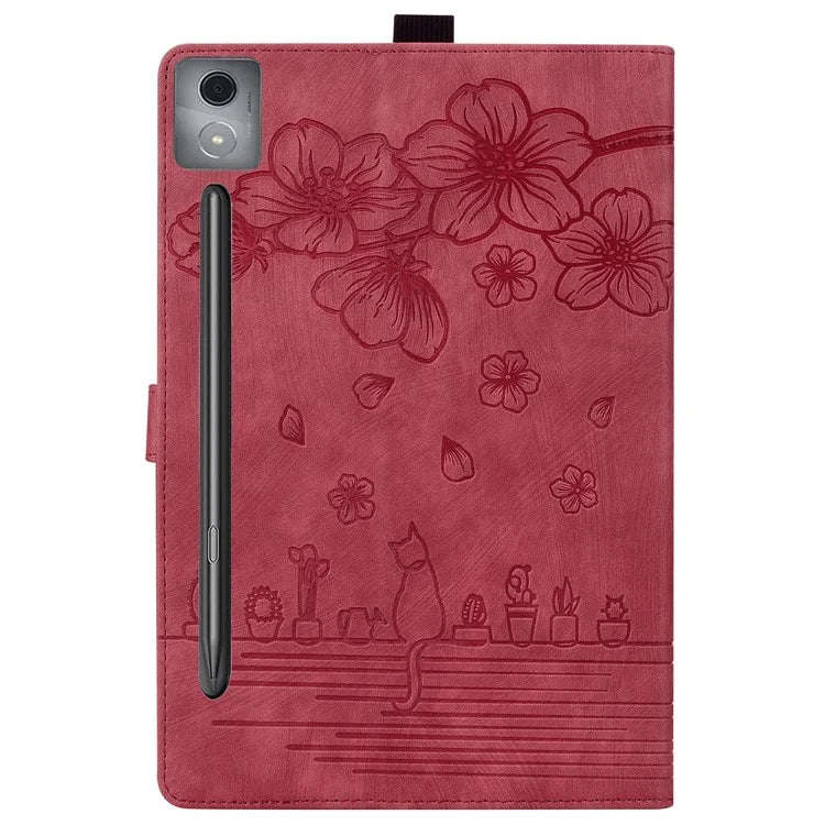 For Lenovo Xiaoxin Pad Pro 12.7 inch Case Card Slots Leather Tablet Stand Folio Cover Flower Cat