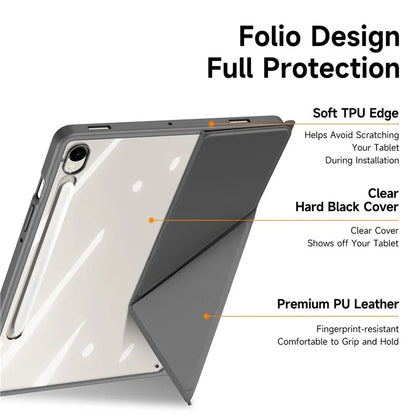 DUX DUCIS Magi Series for Samsung Galaxy Tab S9 / S9 FE Case Origami Stand Leather+PC+TPU Clear Back Cover