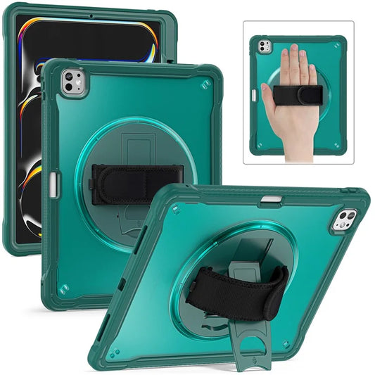 For iPad Pro 13 (2024) Case Kickstand PC+TPU+Silicone Tablet Cover with Rotary Hand Strap