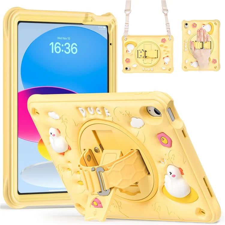 For iPad 10.9 (2022) Case with Shoulder Strap Duck Pattern Hand Strap Kickstand PC+Silicone+TPU Cover