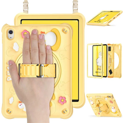 For iPad 10.9 (2022) Case with Shoulder Strap Duck Pattern Hand Strap Kickstand PC+Silicone+TPU Cover