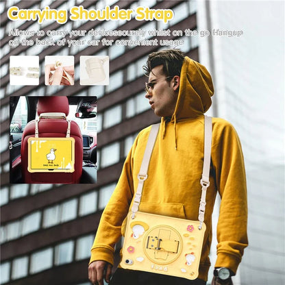 For iPad 10.9 (2022) Case with Shoulder Strap Duck Pattern Hand Strap Kickstand PC+Silicone+TPU Cover