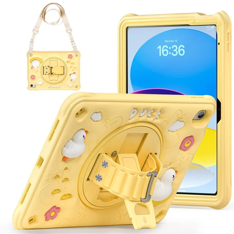 For iPad 10.9 (2022) Case with Shoulder Strap Duck Pattern Hand Strap Kickstand PC+Silicone+TPU Cover