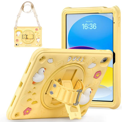 For iPad 10.9 (2022) Case with Shoulder Strap Duck Pattern Hand Strap Kickstand PC+Silicone+TPU Cover
