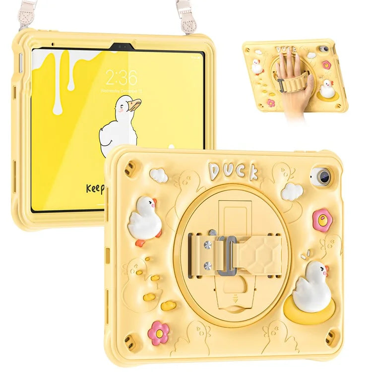 For iPad 10.9 (2022) Case with Shoulder Strap Duck Pattern Hand Strap Kickstand PC+Silicone+TPU Cover