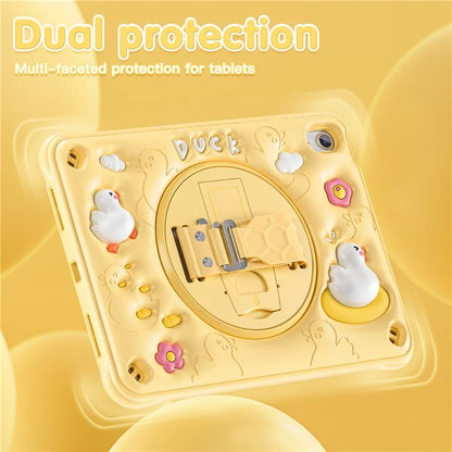 For iPad 10.9 (2022) Case Duck Pattern Hand Strap Kickstand PC+Silicone+TPU Tablet Cover