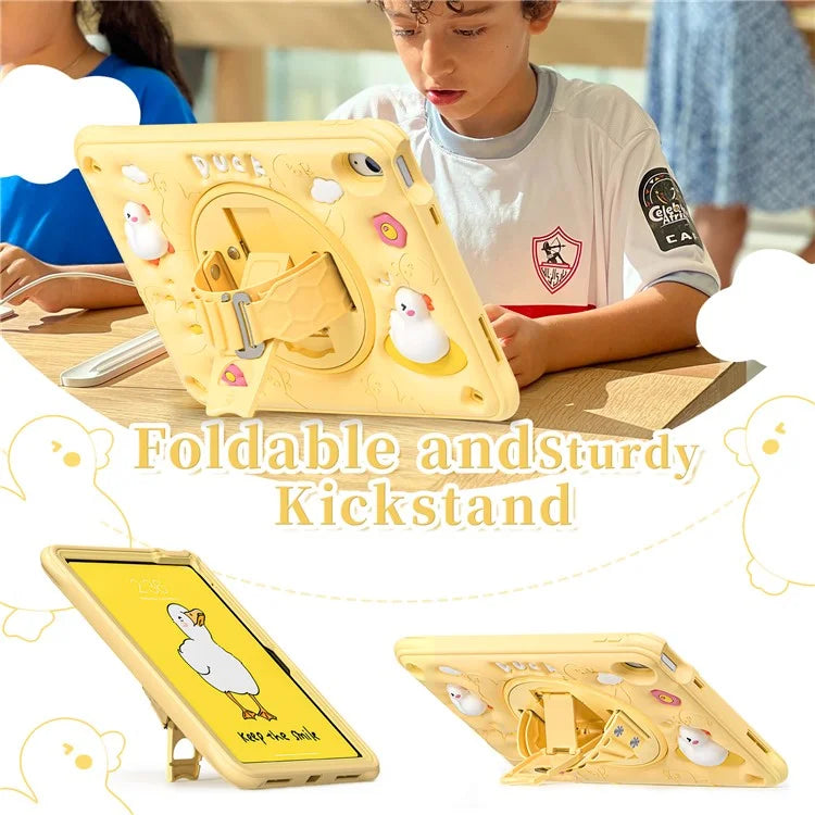 For iPad 10.9 (2022) Case Duck Pattern Hand Strap Kickstand PC+Silicone+TPU Tablet Cover