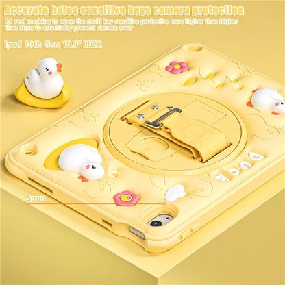 For iPad 10.9 (2022) Case Duck Pattern Hand Strap Kickstand PC+Silicone+TPU Tablet Cover