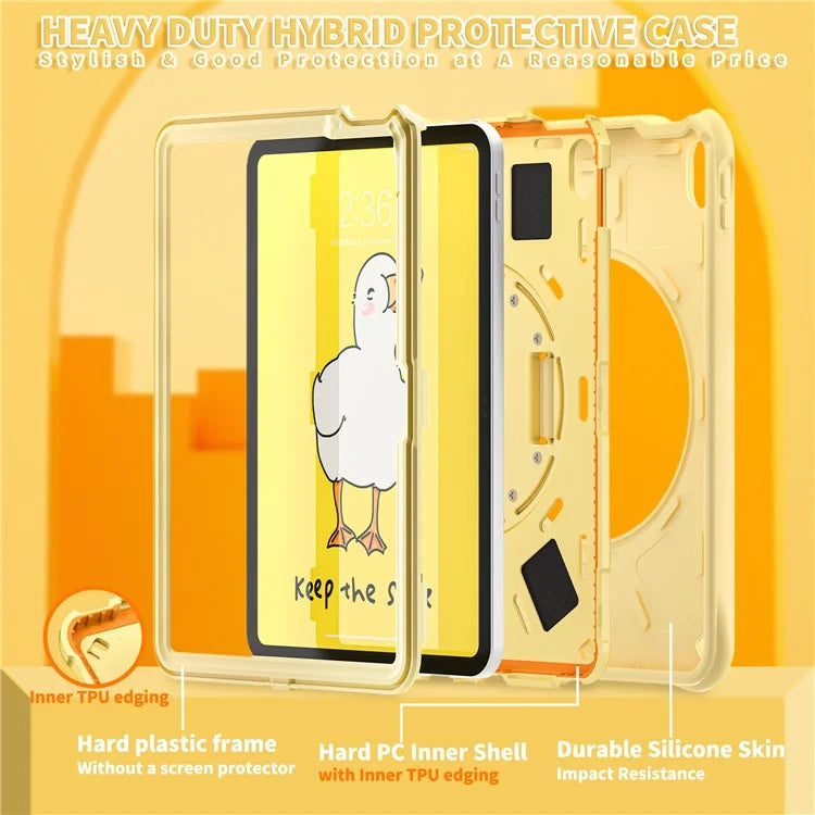 For iPad 10.9 (2022) Case Duck Pattern Hand Strap Kickstand PC+Silicone+TPU Tablet Cover