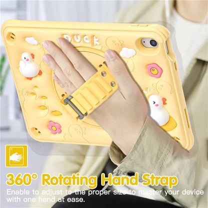 For iPad 10.9 (2022) Case Duck Pattern Hand Strap Kickstand PC+Silicone+TPU Tablet Cover