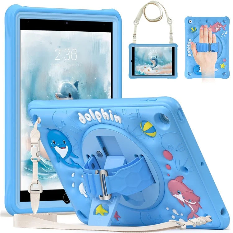 For iPad 10.2 (2021) / (2020) / (2019) Case with Shoulder Strap Kickstand PC+Silicone+TPU Cute Dolphin Cover