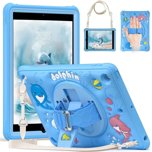 For iPad 10.2 (2021) / (2020) / (2019) Case with Shoulder Strap Kickstand PC+Silicone+TPU Cute Dolphin Cover