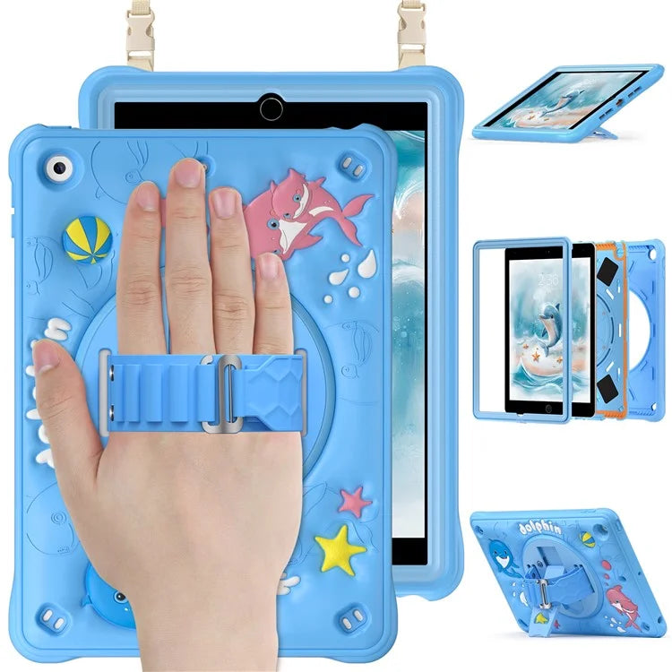 For iPad 10.2 (2021) / (2020) / (2019) Case with Shoulder Strap Kickstand PC+Silicone+TPU Cute Dolphin Cover