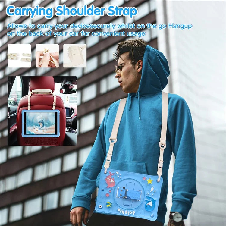 For iPad 10.2 (2021) / (2020) / (2019) Case with Shoulder Strap Kickstand PC+Silicone+TPU Cute Dolphin Cover