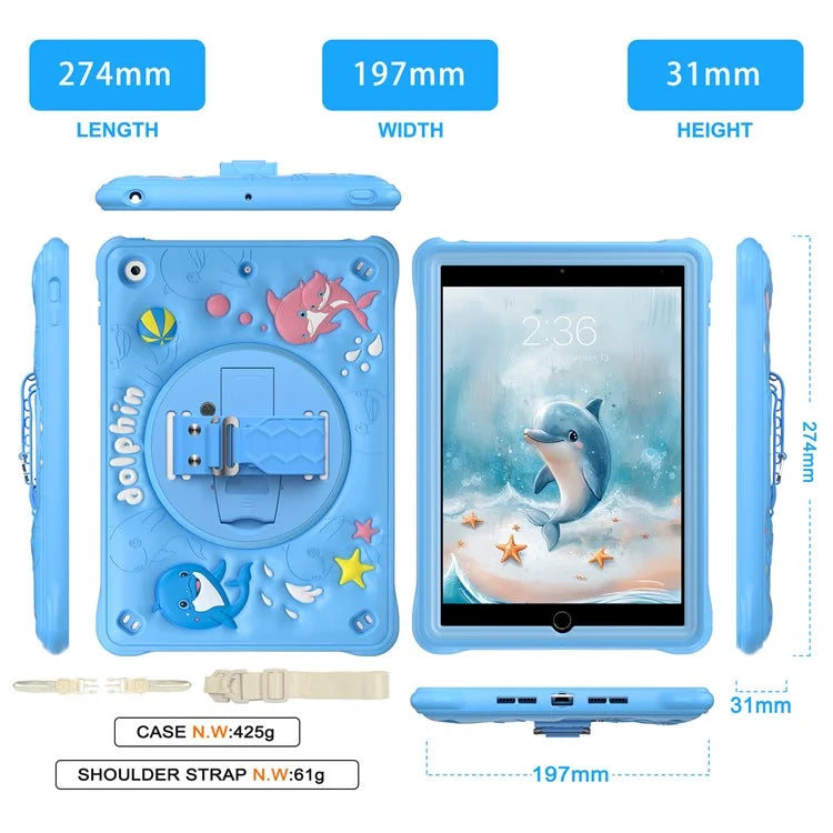For iPad 10.2 (2021) / (2020) / (2019) Case with Shoulder Strap Kickstand PC+Silicone+TPU Cute Dolphin Cover