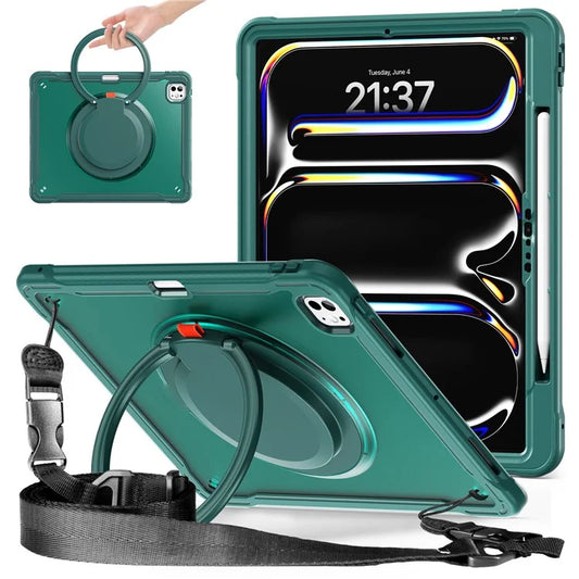 For iPad Pro 13 (2024) Case Rotary Kickstand PC+TPU+Silicone Cover with Shoulder Strap