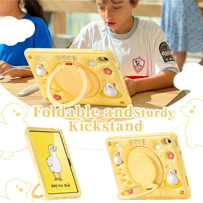 For iPad 10.9 (2022) Case Cartoon Duck Kickstand PC+Silicone+TPU Tablet Cover