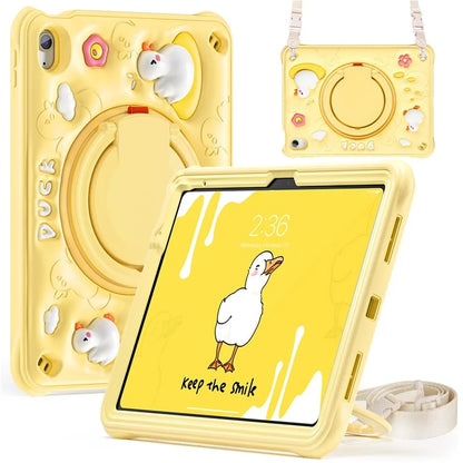 For iPad 10.9 (2022) Case with Shoulder Strap Cartoon Duck Kickstand PC+Silicone+TPU Tablet Cover