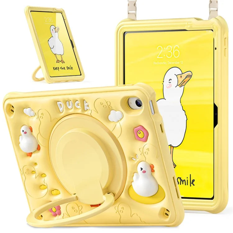 For iPad 10.9 (2022) Case with Shoulder Strap Cartoon Duck Kickstand PC+Silicone+TPU Tablet Cover