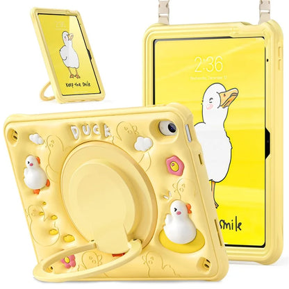 For iPad 10.9 (2022) Case with Shoulder Strap Cartoon Duck Kickstand PC+Silicone+TPU Tablet Cover